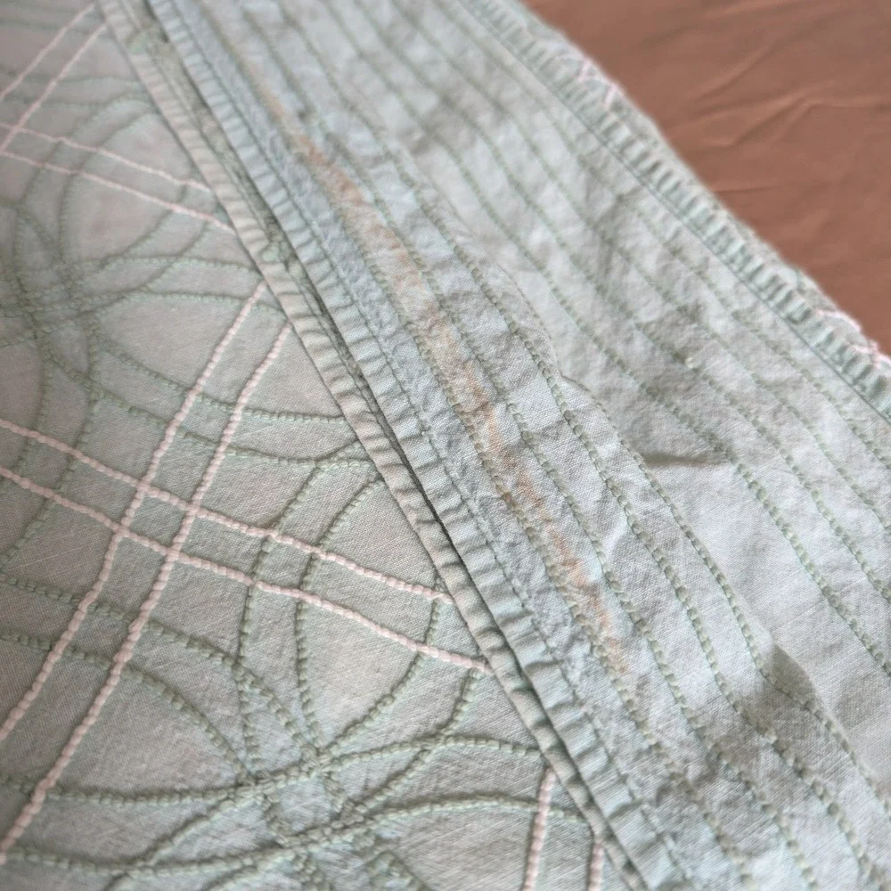Vintage Burlington House Mint Green Chenille Bedspread White Tufted Queen